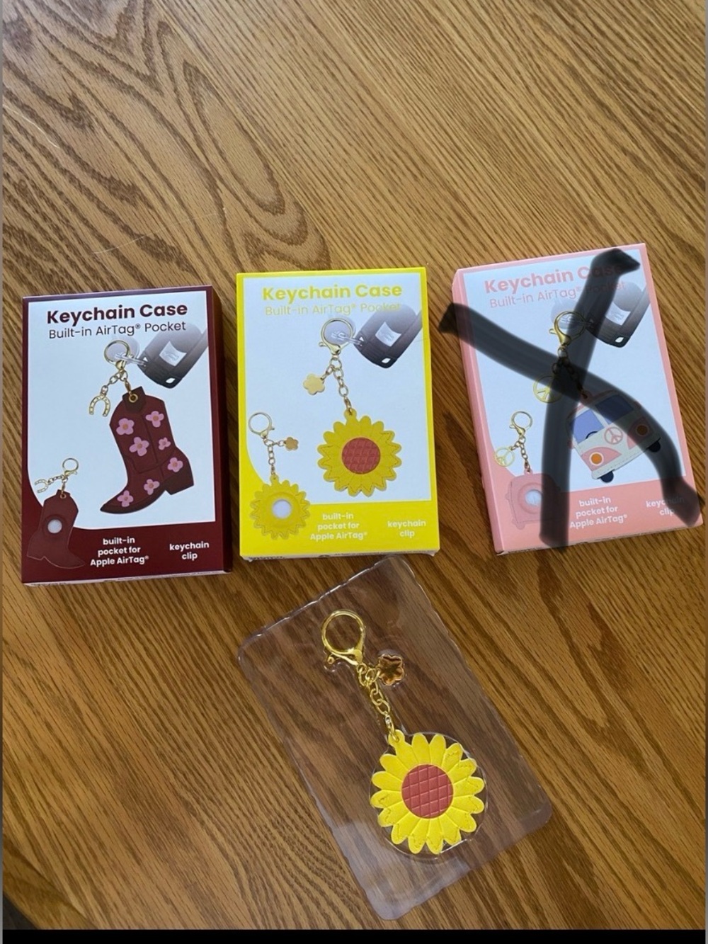 Keychain Case w/ Built-in AirTag Pocket Sunflower, Bus, Cowboy Boot Choose One
